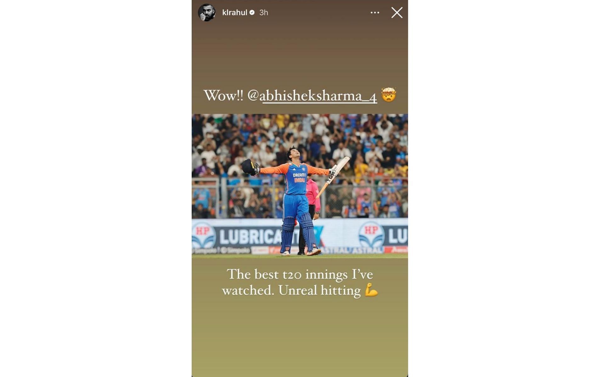 Screenshot of KL Rahul's Instagram story.